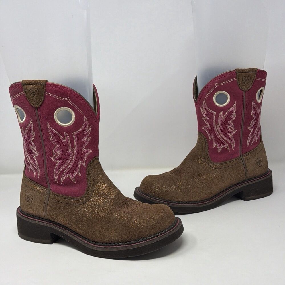 Ariat Fatbaby Cowgirl Western Boots Brown Pink Glitter Leather Womens 7B